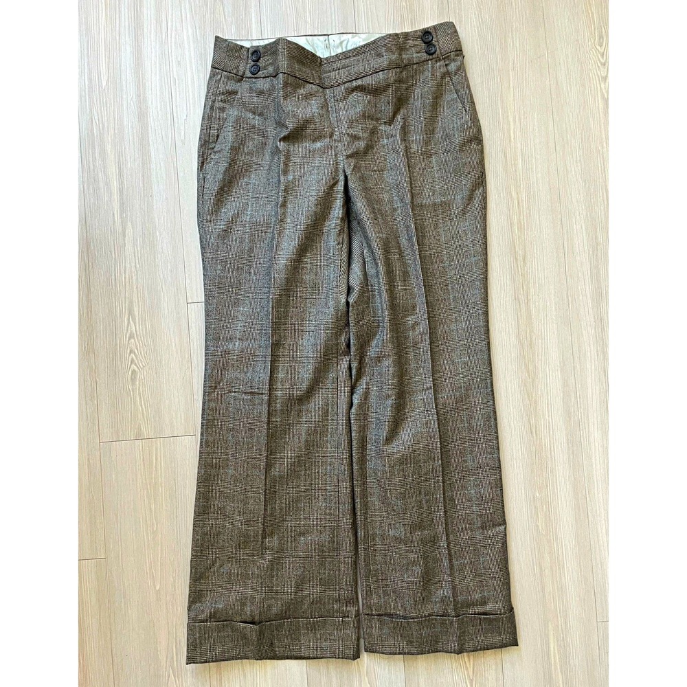 Gap Women's Brown Grey Plaid Wool Pleated Wide-Leg Trousers 32 Waist Office